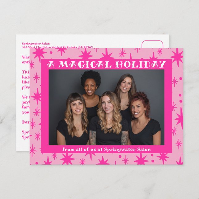 Cheerful Stars Pink Christmas Custom Business Helg Vykort (Fram/baksida)