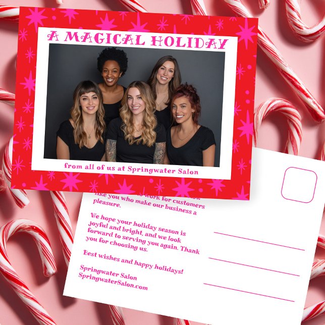 Cheerful Stars Pink Christmas Custom Business Helg Vykort (Cheerful Stars Pink Red Christmas Custom Photo Office Salon Small Business Holiday Postcard
)