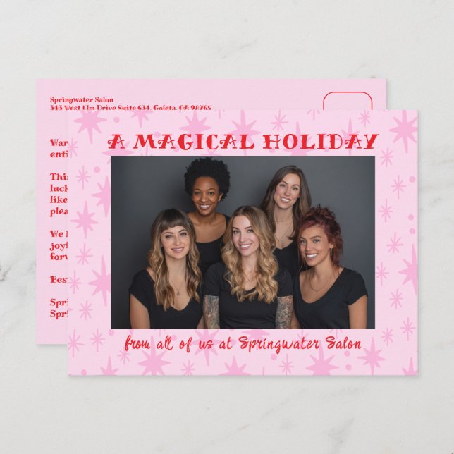 Cheerful Stars Pink Red Christmas Custom Business Helg Vykort (Fram/baksida)