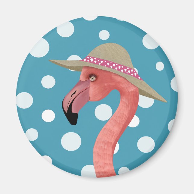 Cheerful Summer Flamingo Blue Polka Dot sommar hat Magnet (Framsidan)