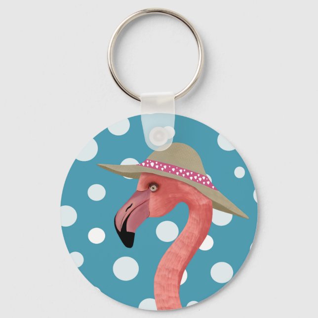 Cheerful Summer Flamingo Blue Polka Dot Summer Hat Nyckelring (Baksida)