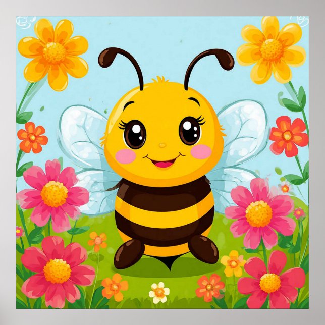 Cheerful Tecknad Bee Surrozed by Bright Flowers Poster (Framsidan)