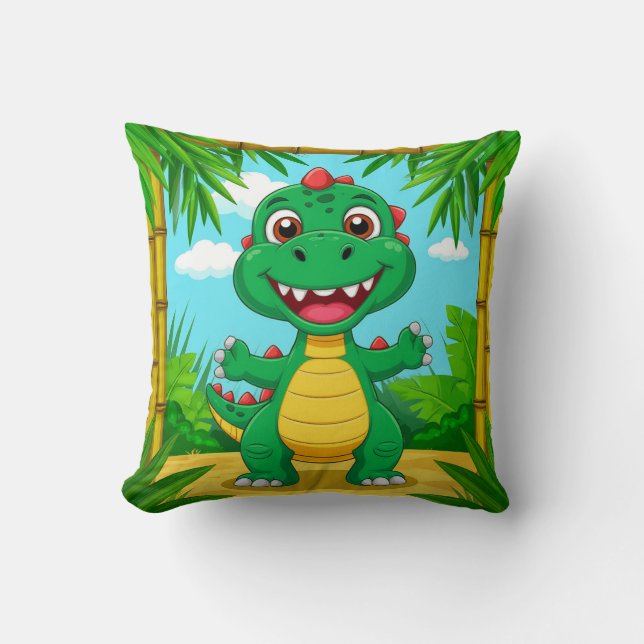 Cheerful Tecknad Dinosaur i Bamboo Ram Kudde (Framsida)