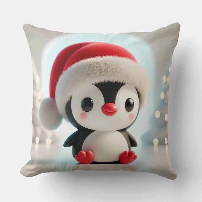 Cheerful Tecknad Penguin Wearing Santa Hat Kudde (Framsida)