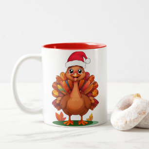 Cheerful Tecknad Turkey Wearing Santa Hat Två-Tonad Mugg