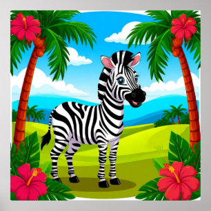Cheerful Tecknad Zebra i ett tropiskt landskap Poster