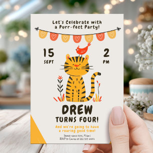 Cheerful Tiger Cat Birthday Firation Inbjudningar
