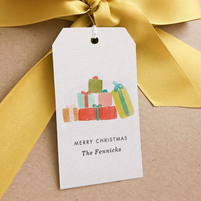 Cheerful Watercolor Julklapp Presentetikett (Watercolor Christmas presents festive gift tags.)