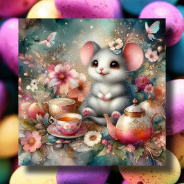 Cheerful Watercolor Mouse Blommigt Påsk Tea Party Julkort
