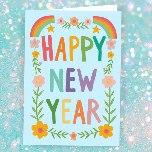 Cheerful Whimsical GOTT NYTT ÅR Handlettering Kort