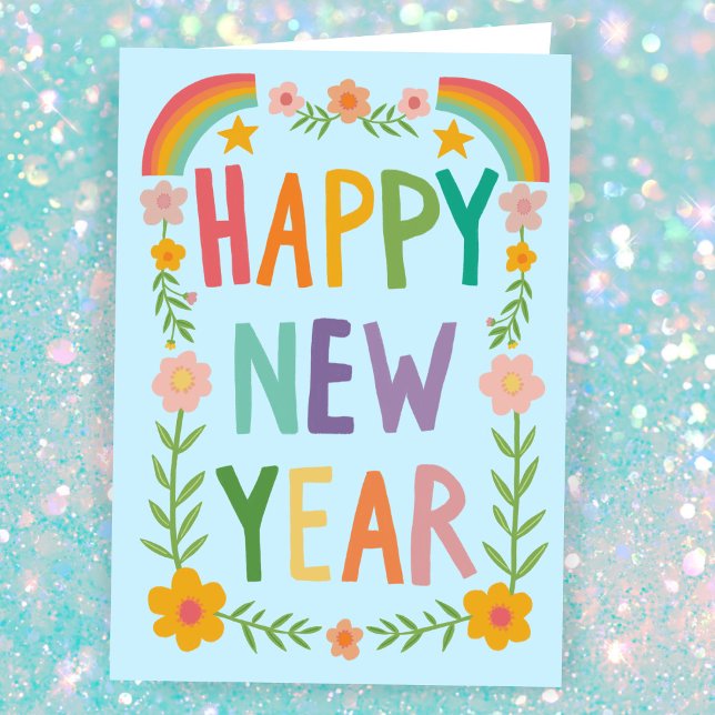 Cheerful Whimsical GOTT NYTT ÅR Handlettering Kort (Cheerful Whimsical  Rainbows HAPPY NEW YEAR Handlettering Card
)