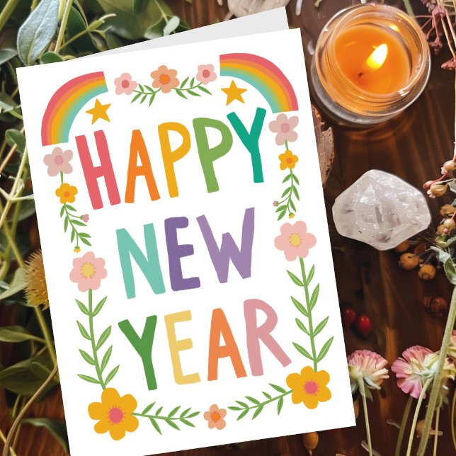 Cheerful Whimsical GOTT NYTT ÅR Handlettering Kort (Cheerful Whimsical HAPPY NEW YEAR Rainbow Flowers Boho Handlettering Card
)