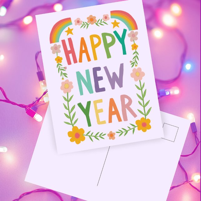 Cheerful Whimsical GOTT NYTT ÅR Handlettering Vykort (Cheerful Whimsical HAPPY NEW YEAR Rainbow Boho FLoral Handlettering Purple Postcard
)