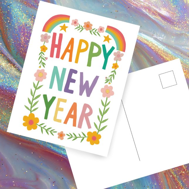 Cheerful Whimsical GOTT NYTT ÅR Handlettering Vykort (Cheerful Whimsical Rainbow HAPPY NEW YEAR Floral Handlettering Boho Postcard
)