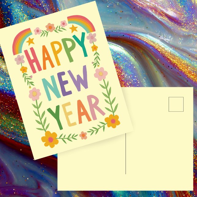 Cheerful Whimsical GOTT NYTT ÅR Handlettering Vykort (Cheerful Whimsical Floral Rainbow HAPPY NEW YEAR Handlettering Postcard
)