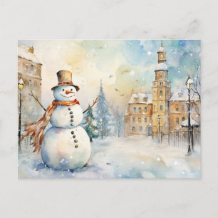 Cheerful Whimsical Snögubbe i en Snowy Village Vykort