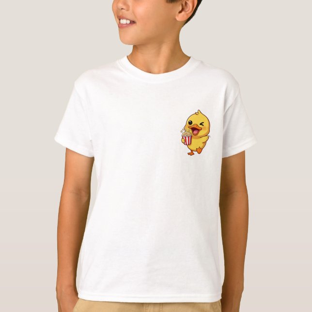 Cheerful Winking Duckling Holding Popcorn Bucket T Shirt (Framsida)