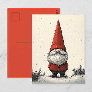 Cheerful Winter Gnome in Red Hat Vykort