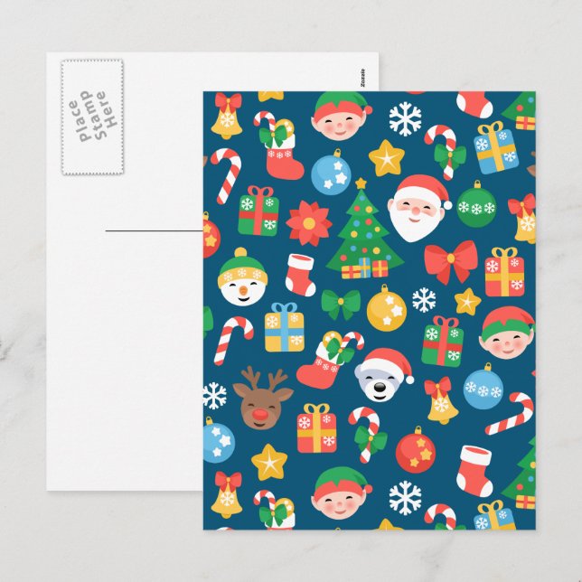 Cheerfull jul Mönster på Blue Helg Vykort (Fram/baksida)