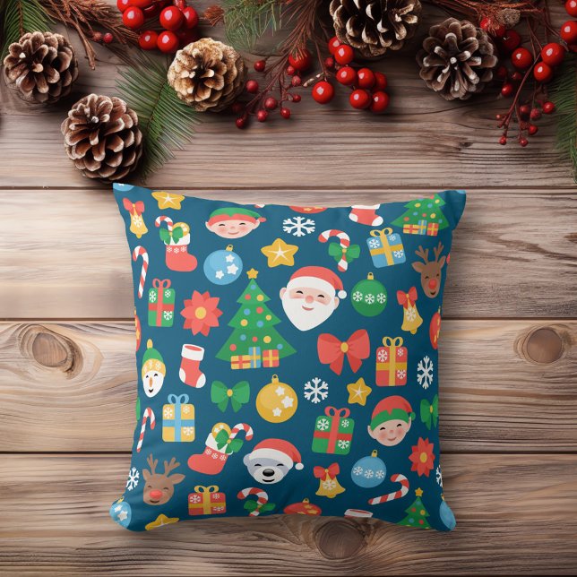 Cheerfull jul Mönster på Blue Kudde (Skapare uppladdad)