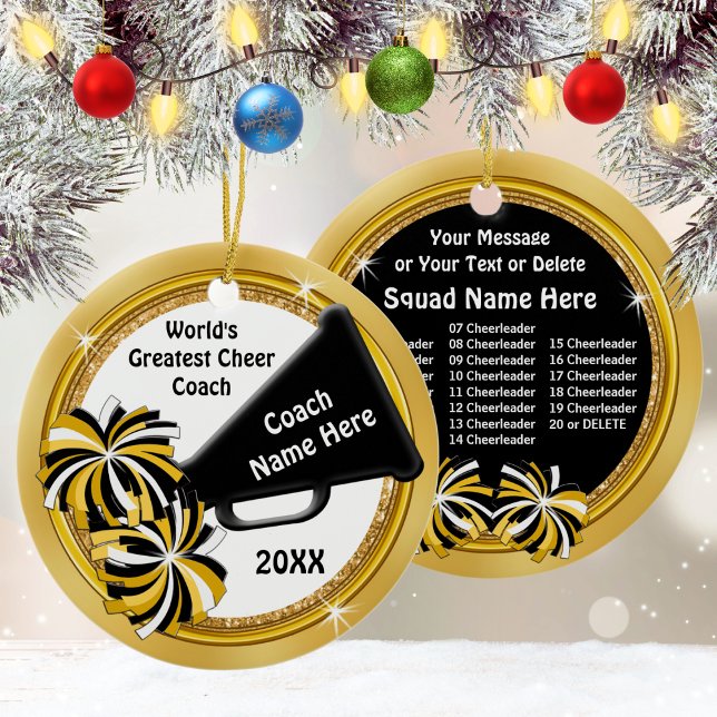 Cheerlead Coach Gift Ideas, Personlig Julgransprydnad Keramik (Cheer coach Christmas gifts. Personalized Cheer Coach Gifts. Black Gold White, Cheer Coach Ornament.)