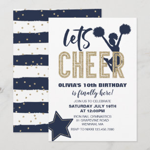 Cheerlead Navy och Guld Cheer Birthday Inbjudningar