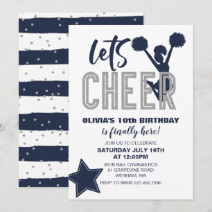 Cheerlead Navy och Silver Cheer Birthday Inbjudningar