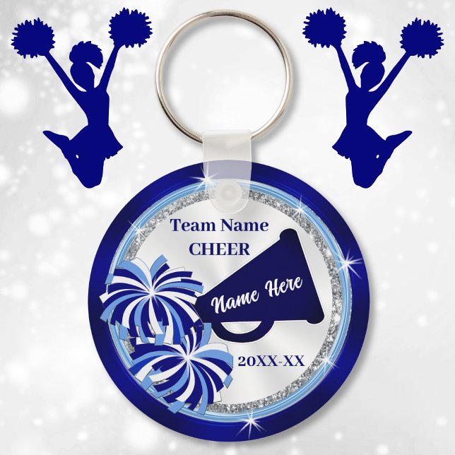 Cheerlead Party favors, Megaphone och Pom Poms Nyckelring (Cheap cheerleading gifts. Cheer squad party ideas. Blue and White, Cheerleading party favors. )