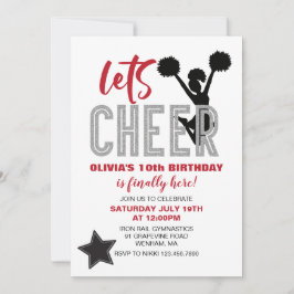 Cheerlead Red, Silver och Black Cheer Birthday Inbjudningar