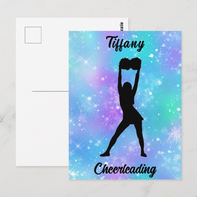 Cheerlead Snowflake Färg Blast med hennes Namn Vykort (Fram/baksida)