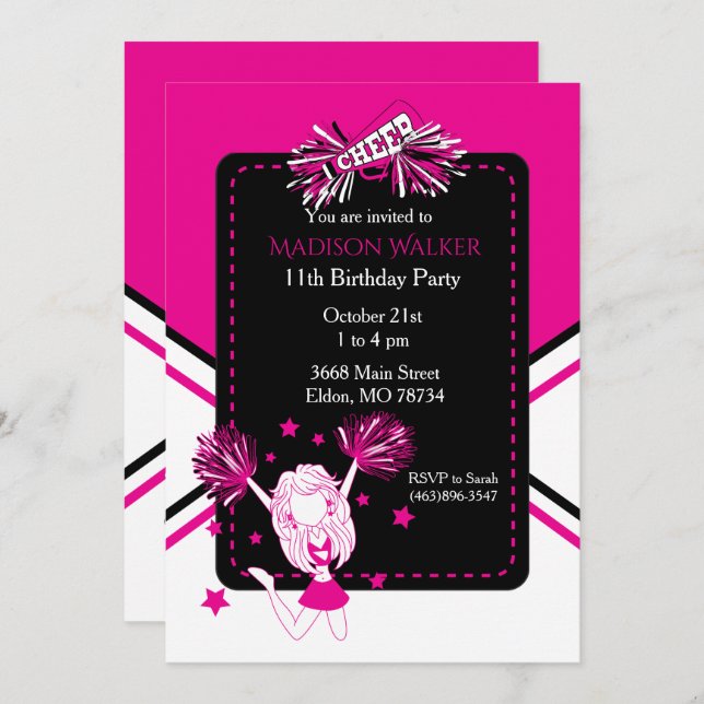 CheerLeader-Födelsedagsfest i Shock rosa Inbjudningar (Fram/baksida)