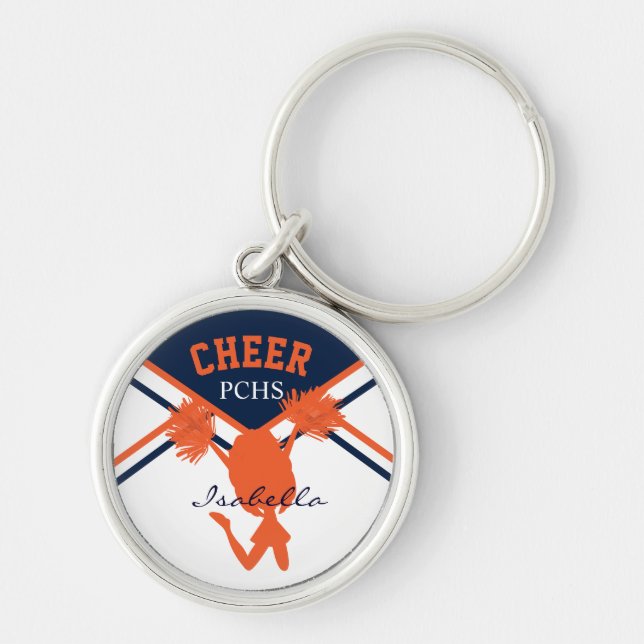 Cheerleader i blått, orange och vitt rund silverfärgad nyckelring (Framsidan)