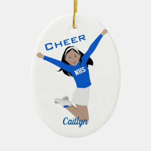 Cheerleader in Blue & White with Black Hair Julgransprydnad Keramik