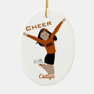 Cheerleader in Orange & Black med svart hår Julgransprydnad Keramik