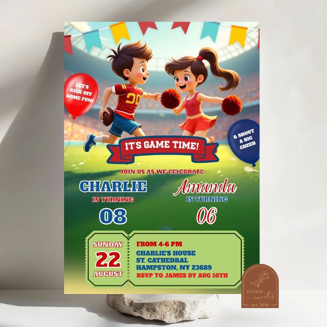 Cheerleader och fotboll gemensam födelsedag inbjudningar (Skapare uppladdad)