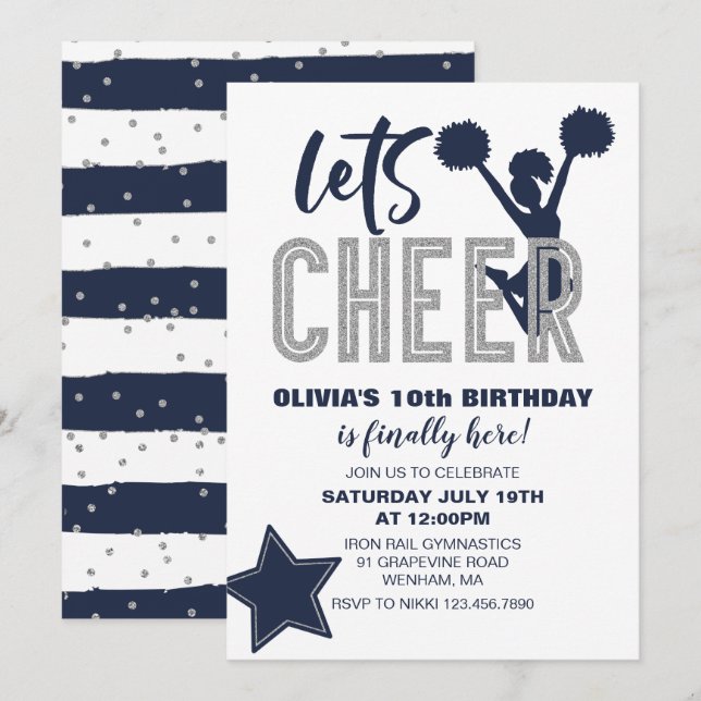 Cheerleading Navy och Silver Cheer Födelsedag Inbjudningar (Fram/baksida)