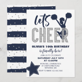 Cheerleading Navy och Silver Cheer Födelsedag Inbjudningar