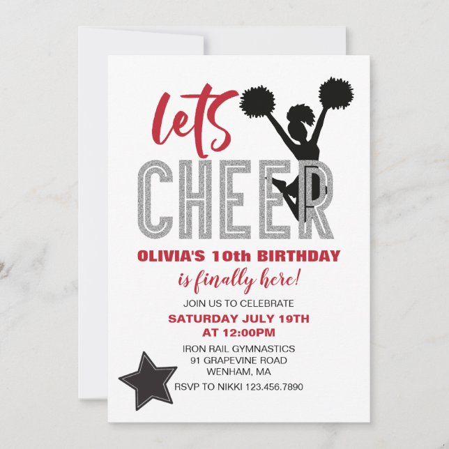 Cheerleading Röd, Silver och Svart Cheer Födelseda Inbjudningar (Framsida)