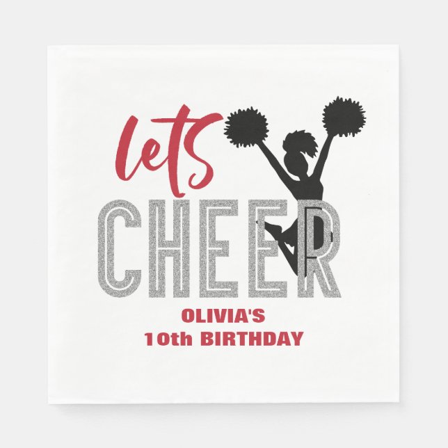 Cheerleading Röd Silver Svart Cheer Födelsedag Pappersservett (Framsidan)