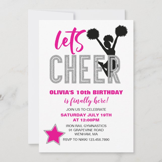 Cheerleading Rosa Silver Svart Cheer Födelsedag Inbjudningar (Framsida)
