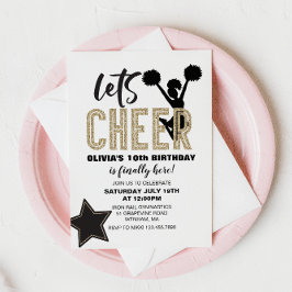 Cheerledande Guld och Black Cheer Birthday Inbjudningar