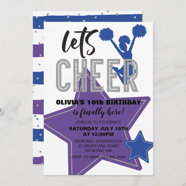 Cheerledande Lila Blue Cheer Birthday Inbjudningar (Fram/baksida)