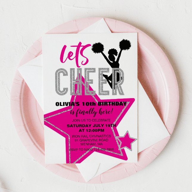 Cheerledande Rosa Silver Black Cheer Birthday Inbjudningar (Skapare uppladdad)