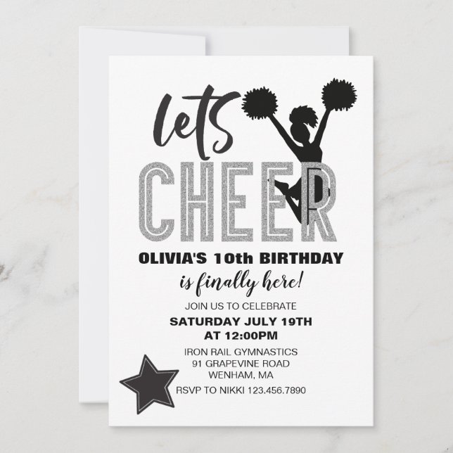 Cheerledande Silver och Black Cheer Birthday Inbjudningar (Framsida)
