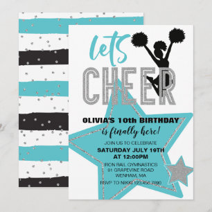 Cheerledande turkos Silver Black Cheer Birthday Inbjudningar