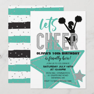 Cheerledande turkos Silver Black Cheer Birthday Inbjudningar