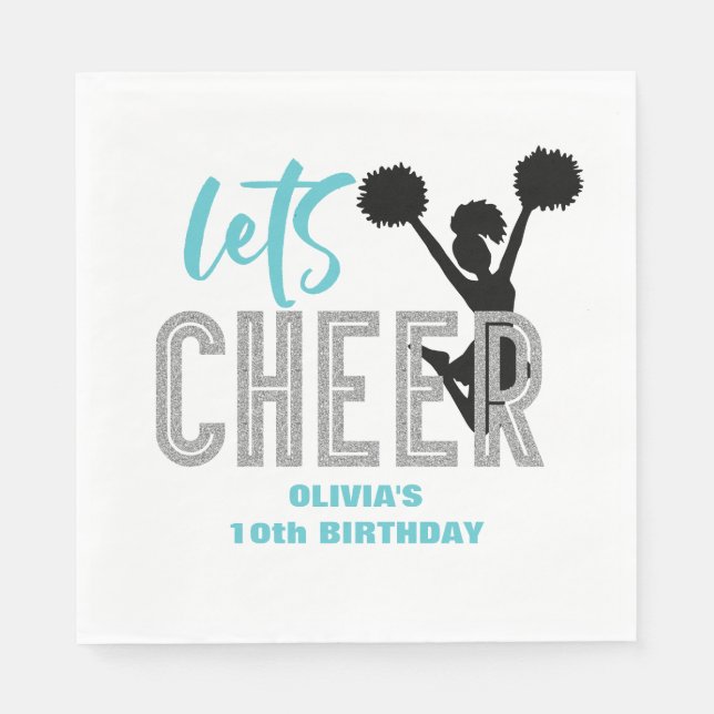Cheerledande turkos Silver Black Cheer Birthday Pappersservett (Framsidan)