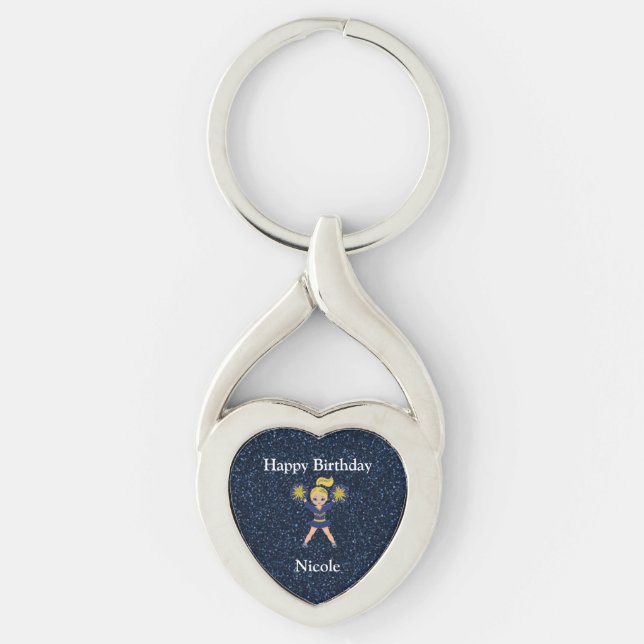 Cheerledare Birthday Blonde Girl Metall Keychain Twisted Heart Silverfärgad Nyckelring (Framsidan)