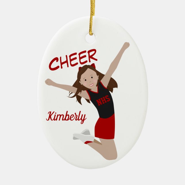 Cheerledare Brunette Black & Red Julgransprydnad Keramik (Framsidan)
