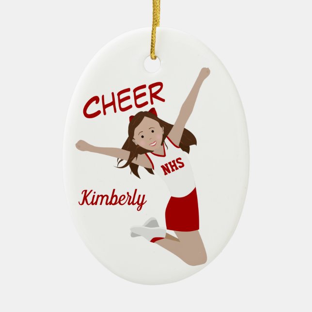 Cheerledare Brunette Red & White Julgransprydnad Keramik (Framsidan)